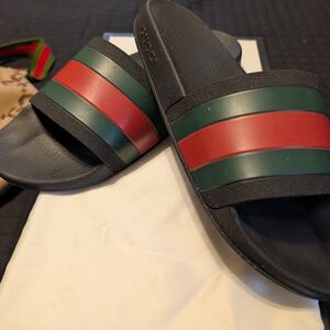 Authentic Gucci Black Slides with Red and Green Stripes